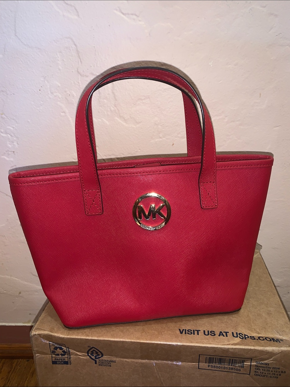 Michael Kors Red Saffiano Leather Mini Tote with Gold MK Logo